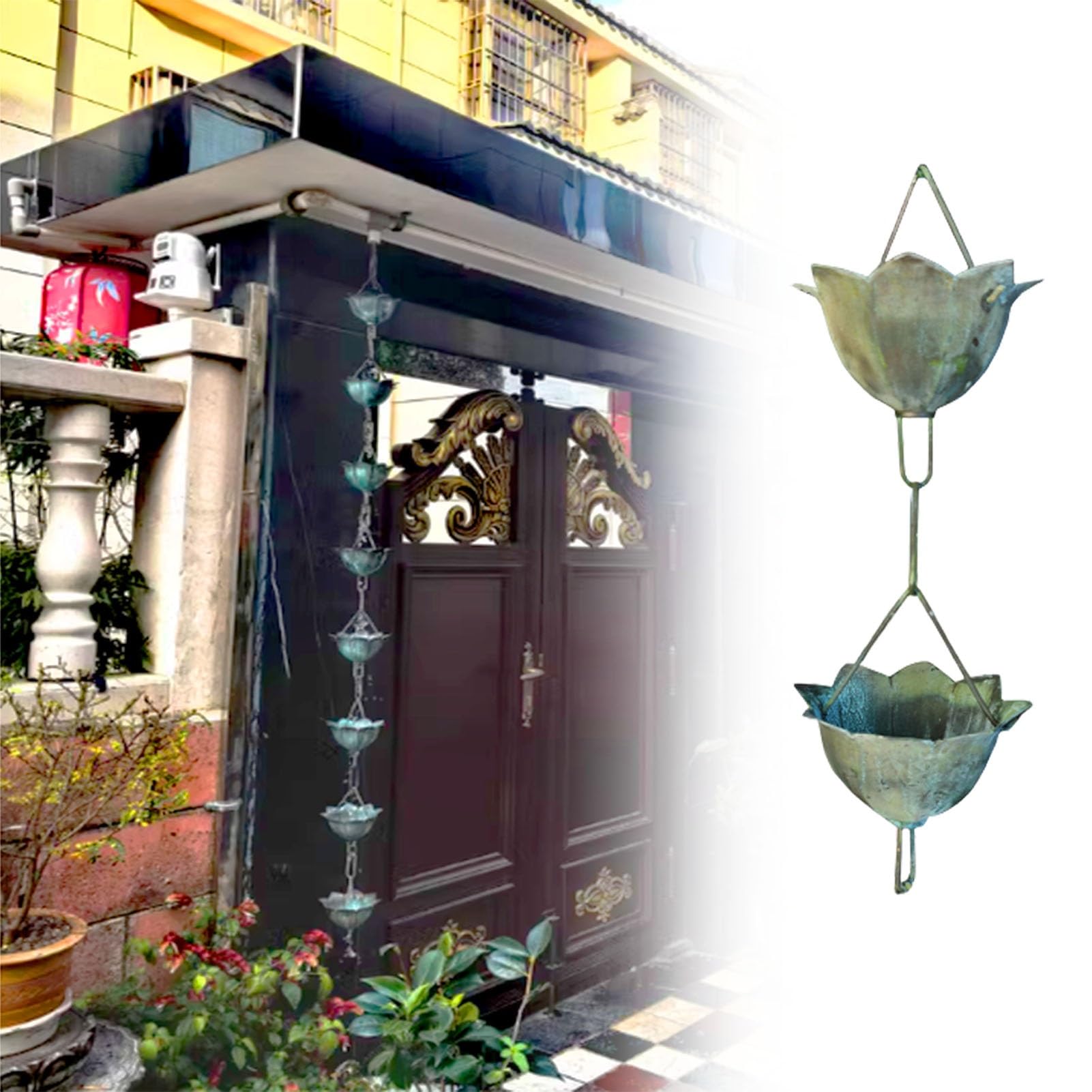 YNBSHGAA Heavy Duty Rain Chain with Bells Cups, Adjustable Extra Long Replacement for Downspout Roof, Enhances Water Drainage Without Gutter,Style2-2.8m (9.2ft)