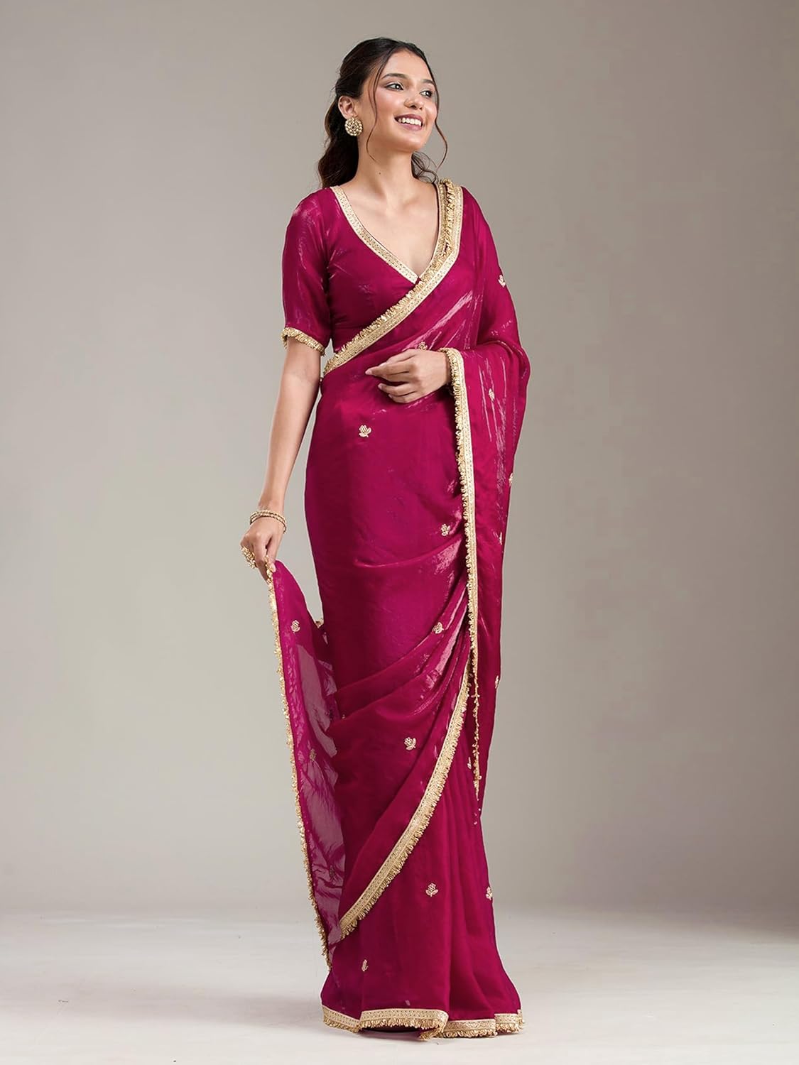 TRENDMALLS Women's Fandy Satin Embroidery Work Saree with Unstitched Blouse Piece (K1260-DarkPink)