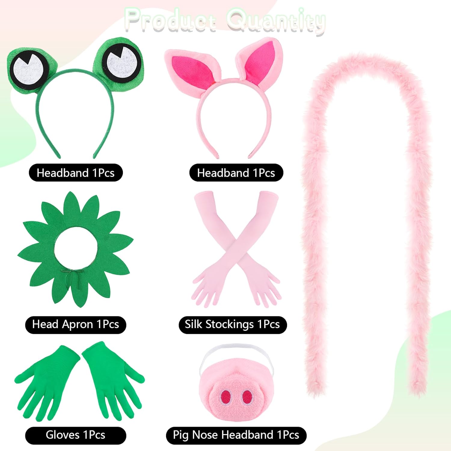 7 Pcs Halloween Frog and Pig Costume Couple Accessories Set Include Headband Fake Pig Nose Green Fake Collar Pink Scarf with Gloves for Halloween Cosplay Party - Image 4