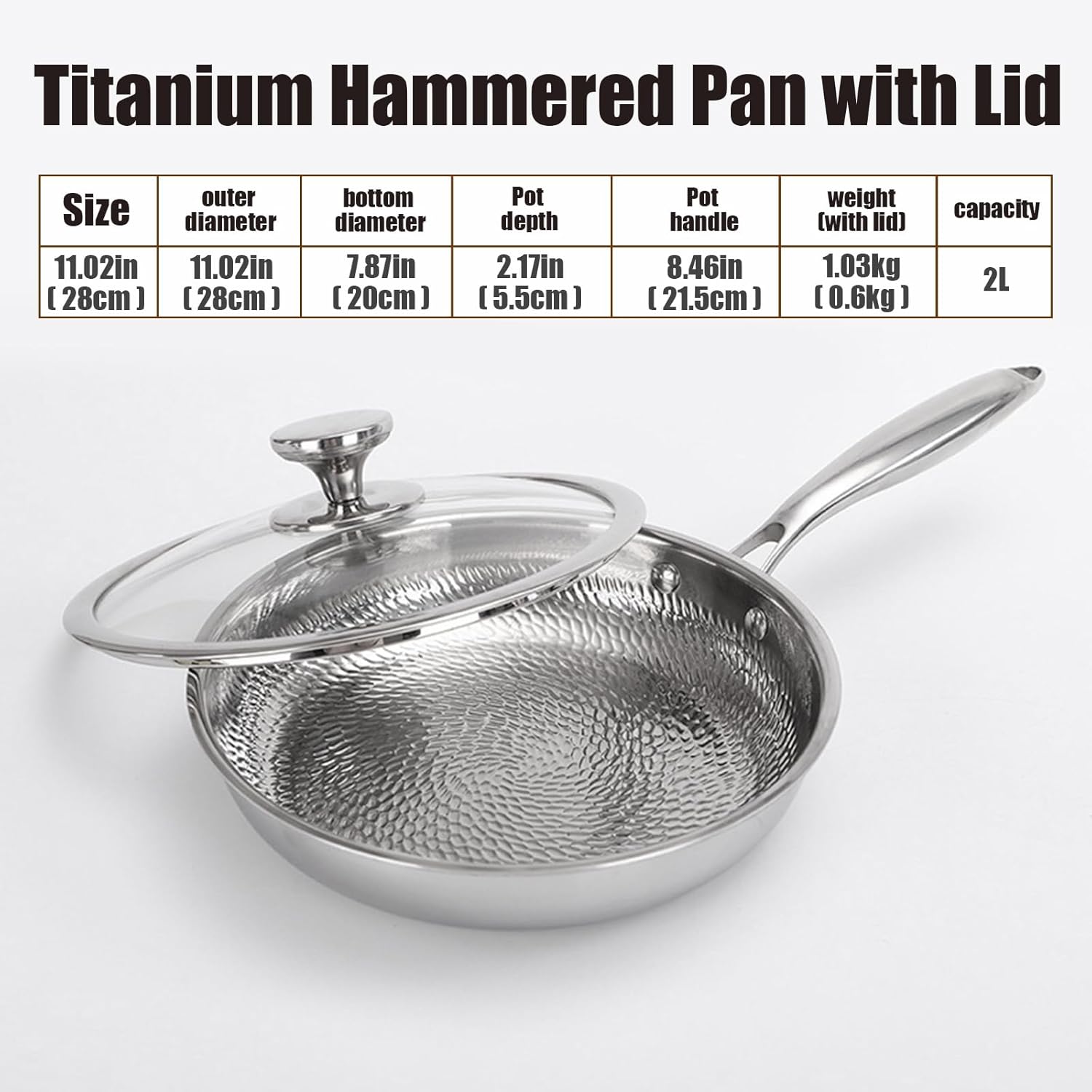 Titanium Hammered Pan with Lid, Upgrade Non Stick Titanium Pans for Cooking, Ultra-Durable, Scratch-Resistant, Even Heating Frying Pans,11.02IN