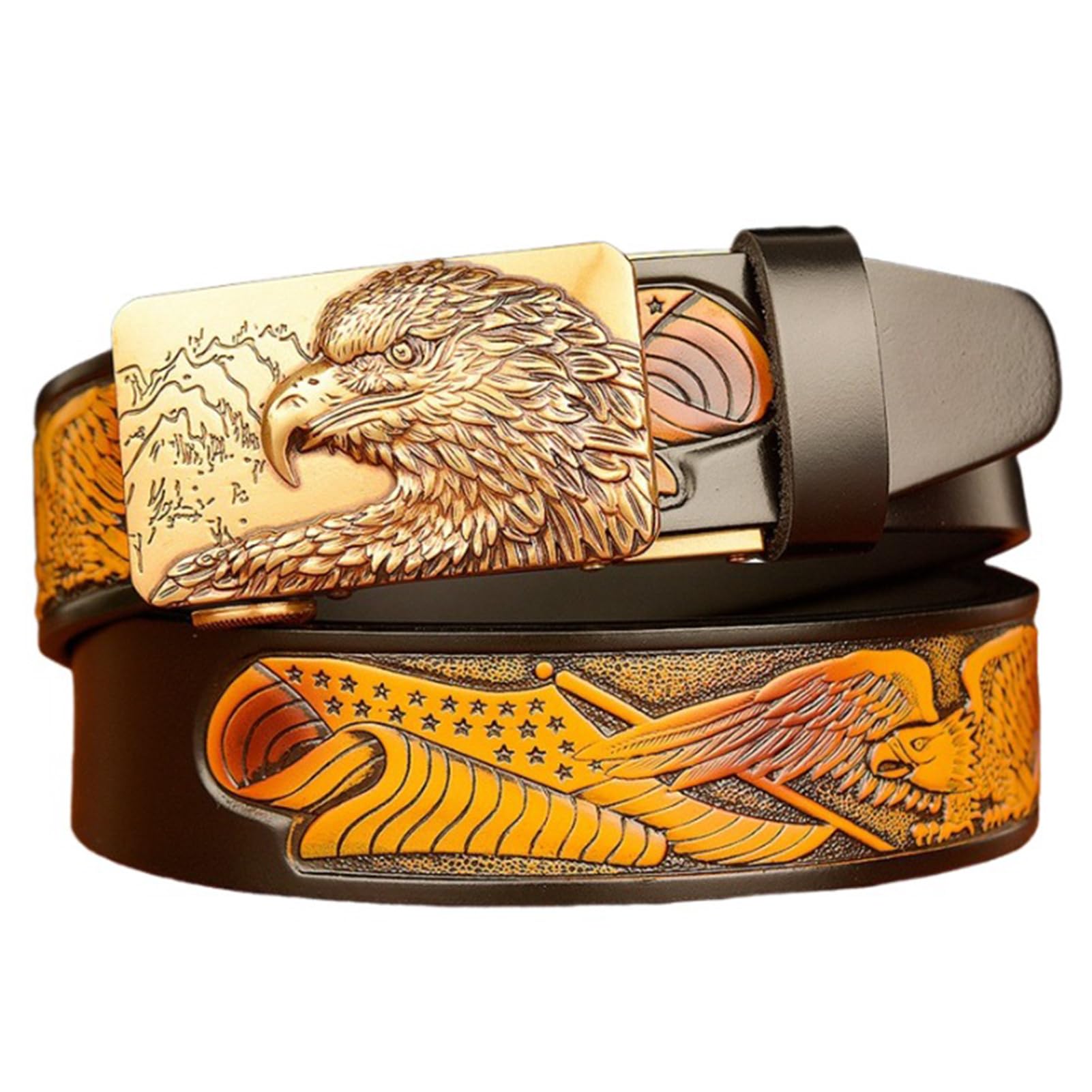 Cinturón De Cuero For Hombre Con Diseño Águila, Hebilla Trinquete Automática Deslizante, Dorada Tallada, Ajuste A Medida, 35 Mm Ancho