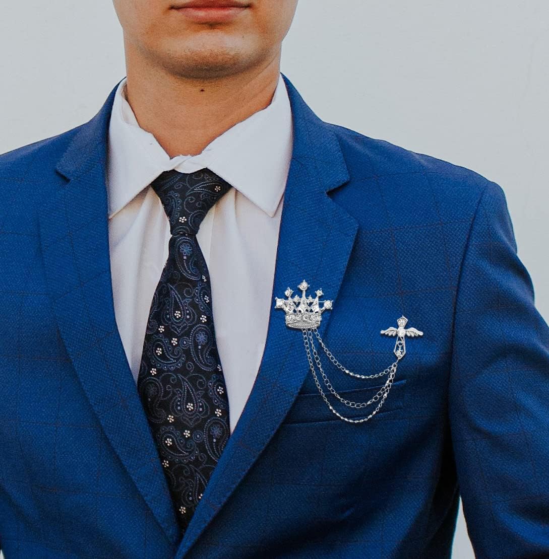 Cross Crown Long Chain Brooch, Rhinestone Tassel Brooch Pin,Retro Crystal Suit Pins Collar Pin,Coat Tassel Chain Lapel Pins for Men's Suit Accessories