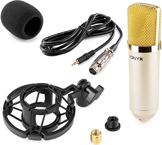 VONYX CM400C Condenser Microphone, Studio Recording Set for Vocals & Instruments, Large Diaphragm with Shockmount, Pop Filter, Champagne Gold