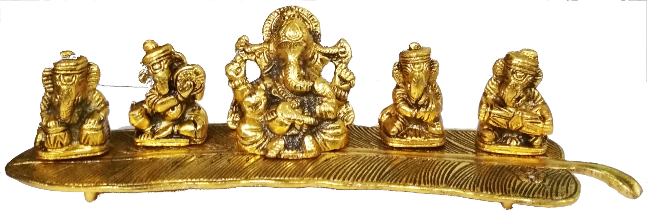 Purpledip Metal Idol Ganesha on Banana Leaf: Set of 5 Ganeshas Playing Divine Music (11551) - Image 2 thumbnail