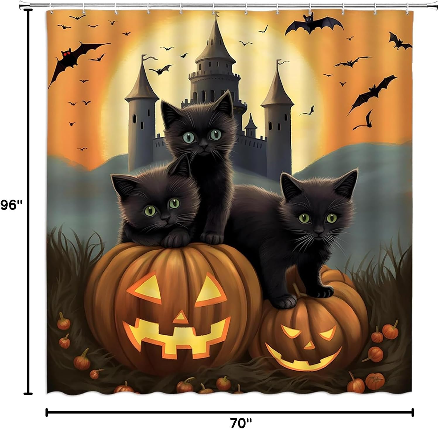 Halloween Shower Curtain Spooky Black Cat Orange Pumpkun Lantern Full Moon Bat Gothic Castle Vintage Halloween Holiday Fabric Bathroom Decor Curtain with Hooks