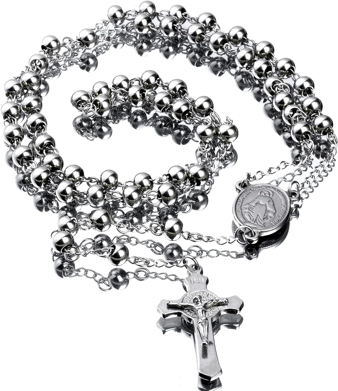 CaleesLLC 30" Stainless Steel Rosary Beads Necklace 6mm Silver Color with Jesus Christ Crucifix Cross