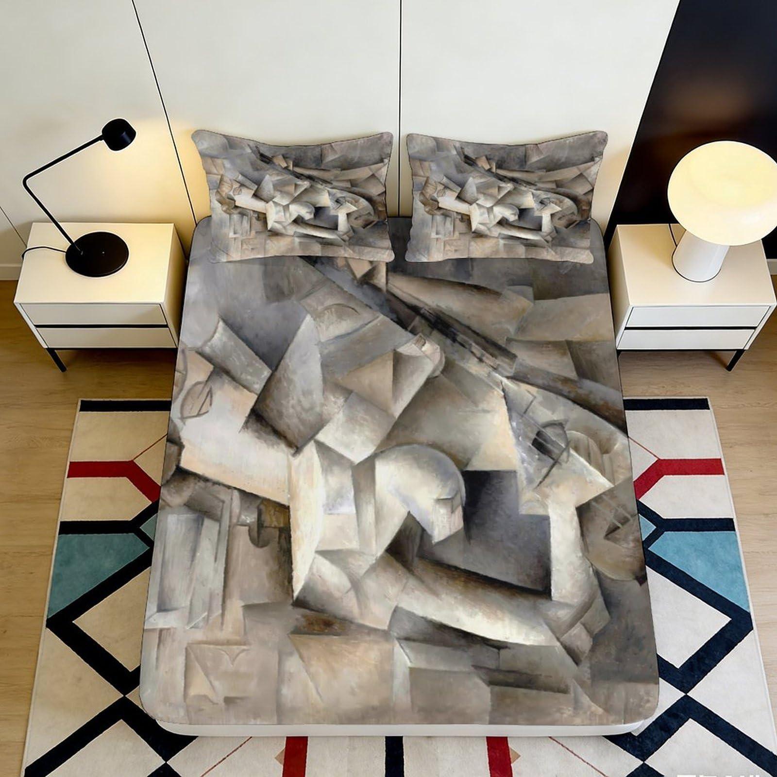 3D Printed Cubist Abstract Fitted Sheet Microfiber Soft Grey Geometric Mattress Cover for Bedroom Dorm Protection Decor 180x200x25cm