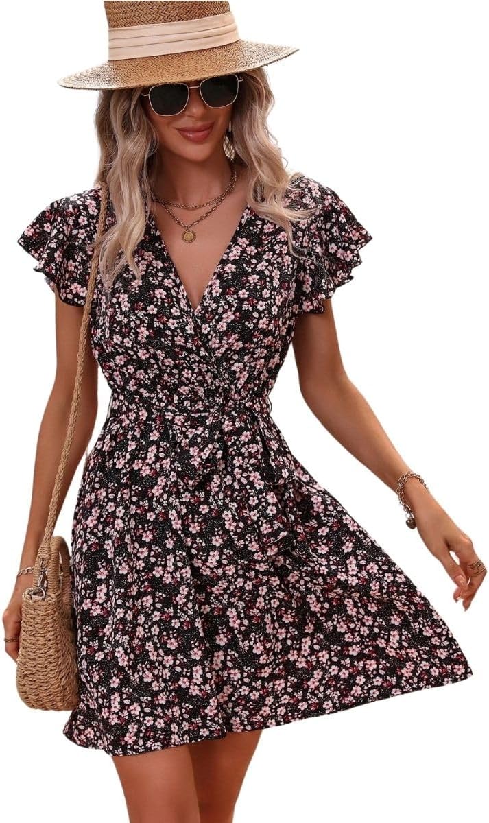 GRECIILOOKS Western Dress for Women| Floral Print Wrap V Neck Dress| Ruffle Sleeve Western Dress| Mini Summer Short Dress| Dress for Vacation| Outdoor Wear Dress (Small, Black)