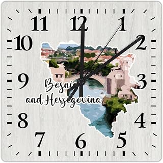 Bosnia and Herzegovina 15 Inch Silent Non Ticking Bosnia and Herzegovina Map Wall Clock Battery Operated Shabby Chic Wooden Wall Clock for Kitchen Farmhouse Office School
