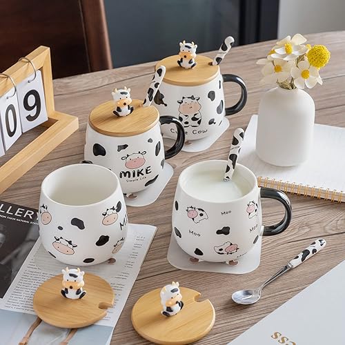 Miniatura 6 de SHENDONG Bonita taza de café de vaca con tapa encantadora, posavasos y cuchara kawaii, regalos de cosas con estampado de vaca, taza de té de