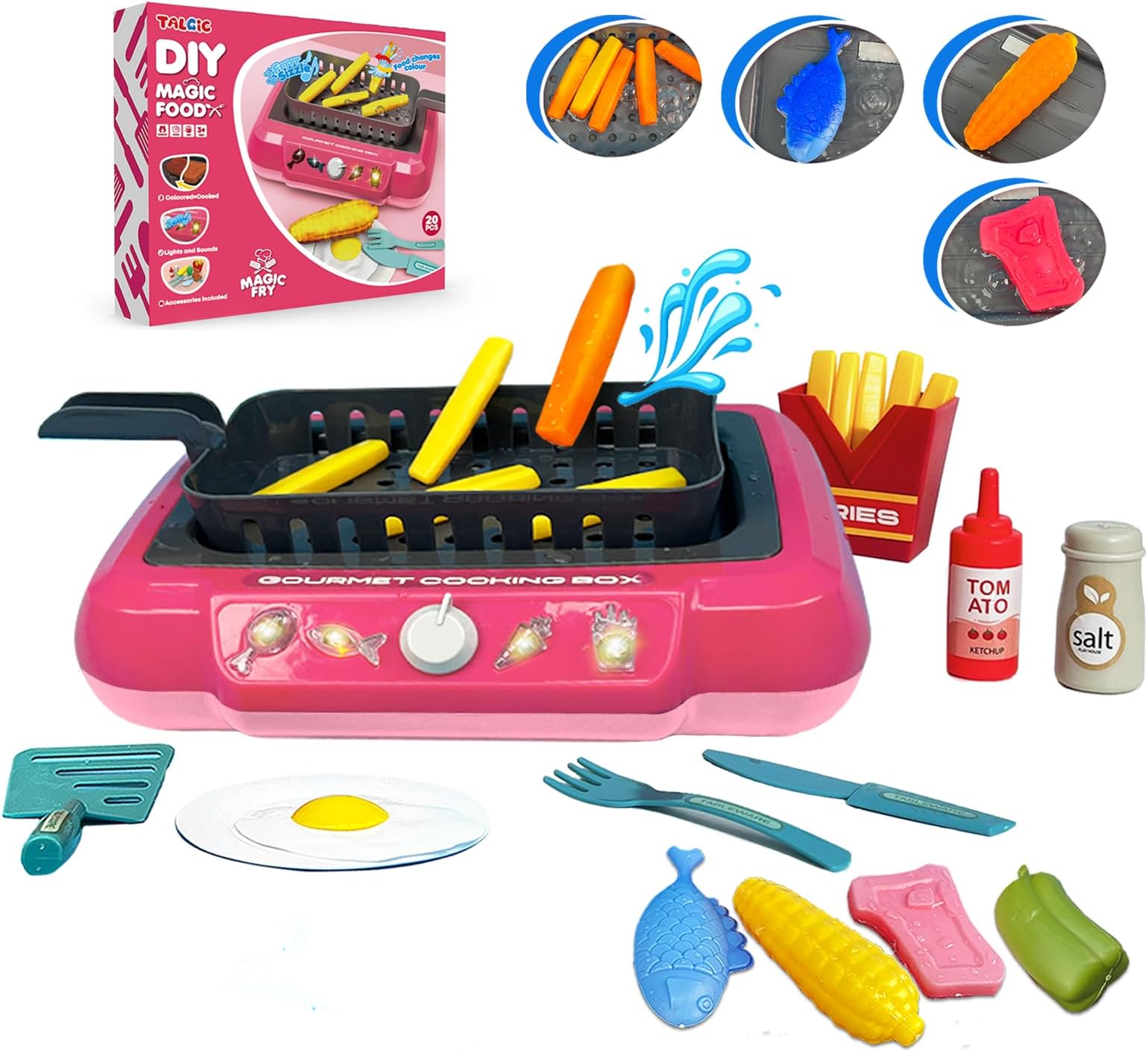 Cooking Simulator Toy with Color Changing Accessories, 20 PCS Fun Frying Kit Gourmet Cooking Box, Magic Fry Simulation Cooking Toy with Sound & Light & Bubble Grill Surface for Kids 3-8-Pink