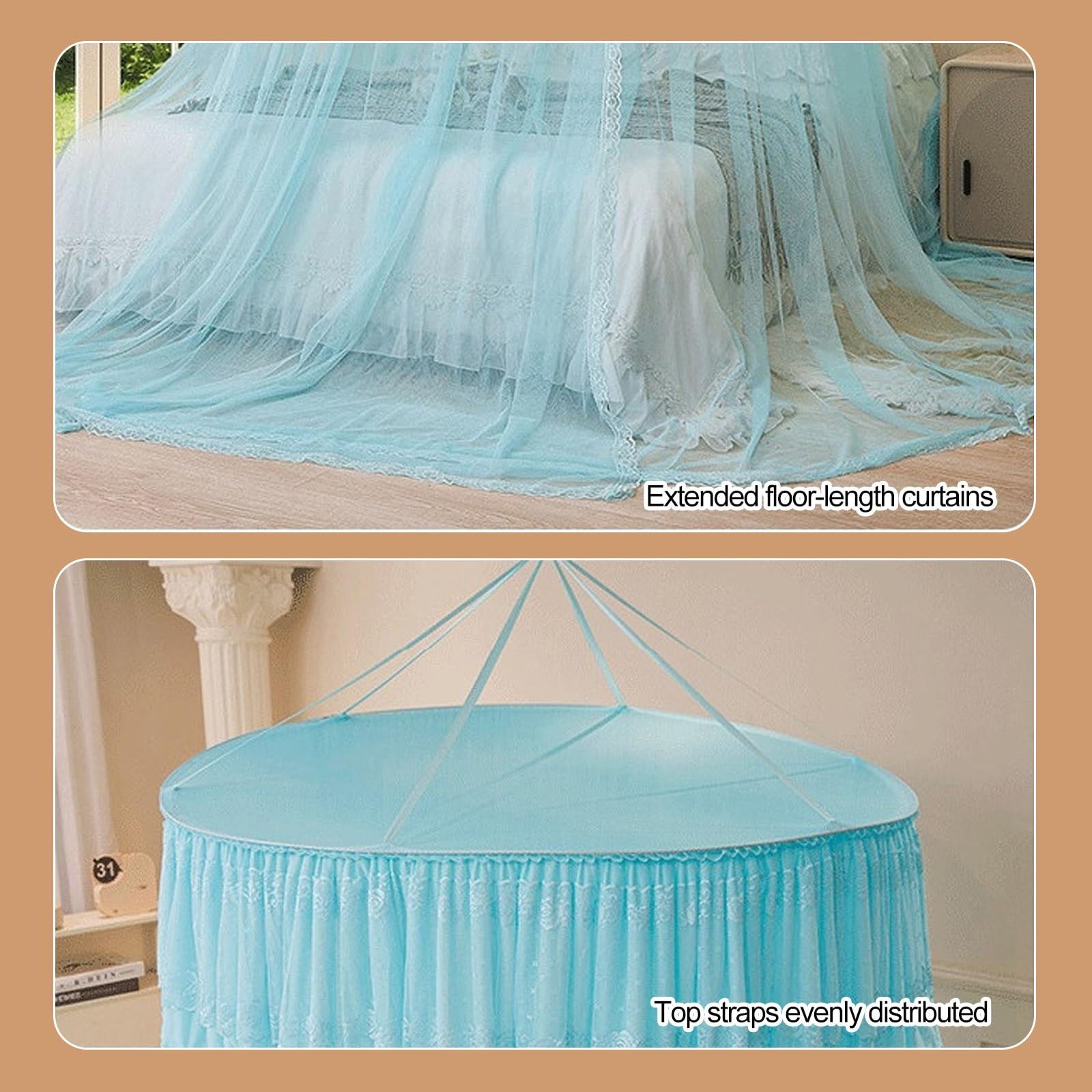 SARKEY Prinzessinnen Betthimmel,Atmungsaktives Mesh Zelt Bett Vorhang,Runde Kuppelspitze,Feines Durchsichtiges Netz,Erwachsene,Hochzeit,Schlafzimmer Dekoration(Light Blue)