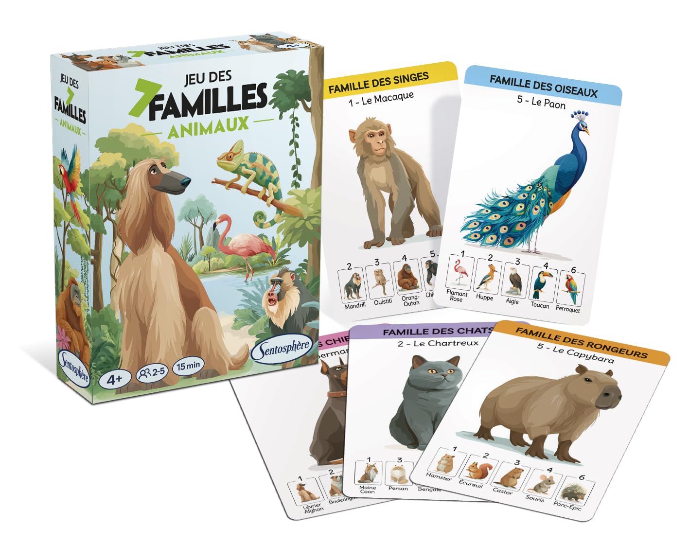Sentosphère - Game of 7 Animal Families - Game of 42 Cards - Find the different species - Educational Playing Cards on Animals - Made in France - Soft and pleasant - 1381