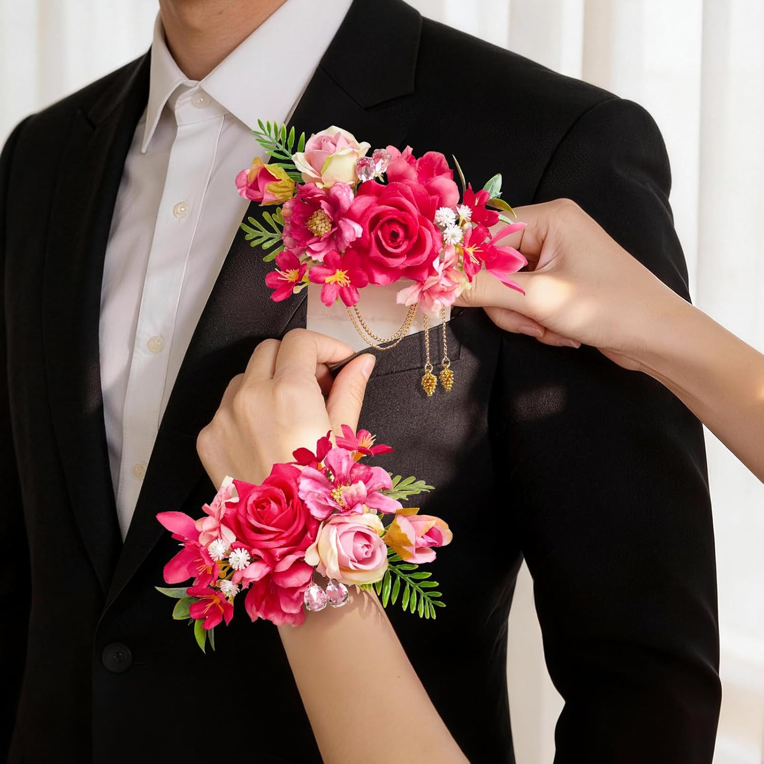 Serwalin 2Pcs Corsage and Boutonniere Set,Hot Pink Rose Corsage Wristlet and Pocket Boutonniere for Prom Wedding Homecoming Anniversary Graduation