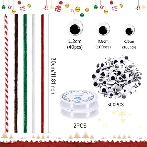 Miniatura 2 de UPINS Juego de 550 limpiadores de pipas de Navidad que incluye 5 colores de tallos de felpilla y ojos saltones para fiestas de Navidad, suministros