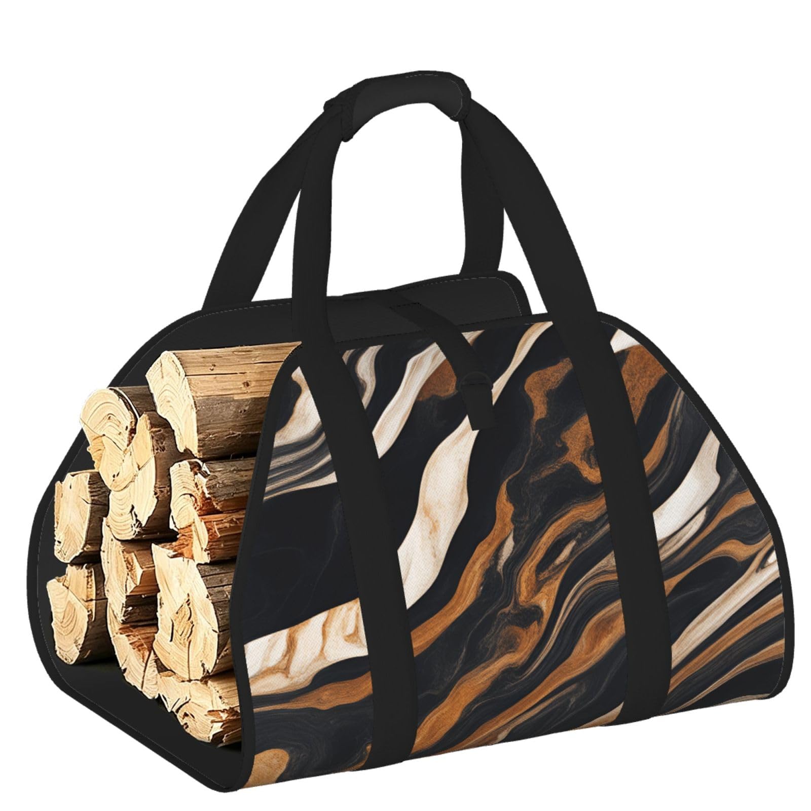 Ayyqwe Black Abstract Marble Stone Print Firewood Bag Wood Waterproof Versatile Camping Picnic Storage Daily Home