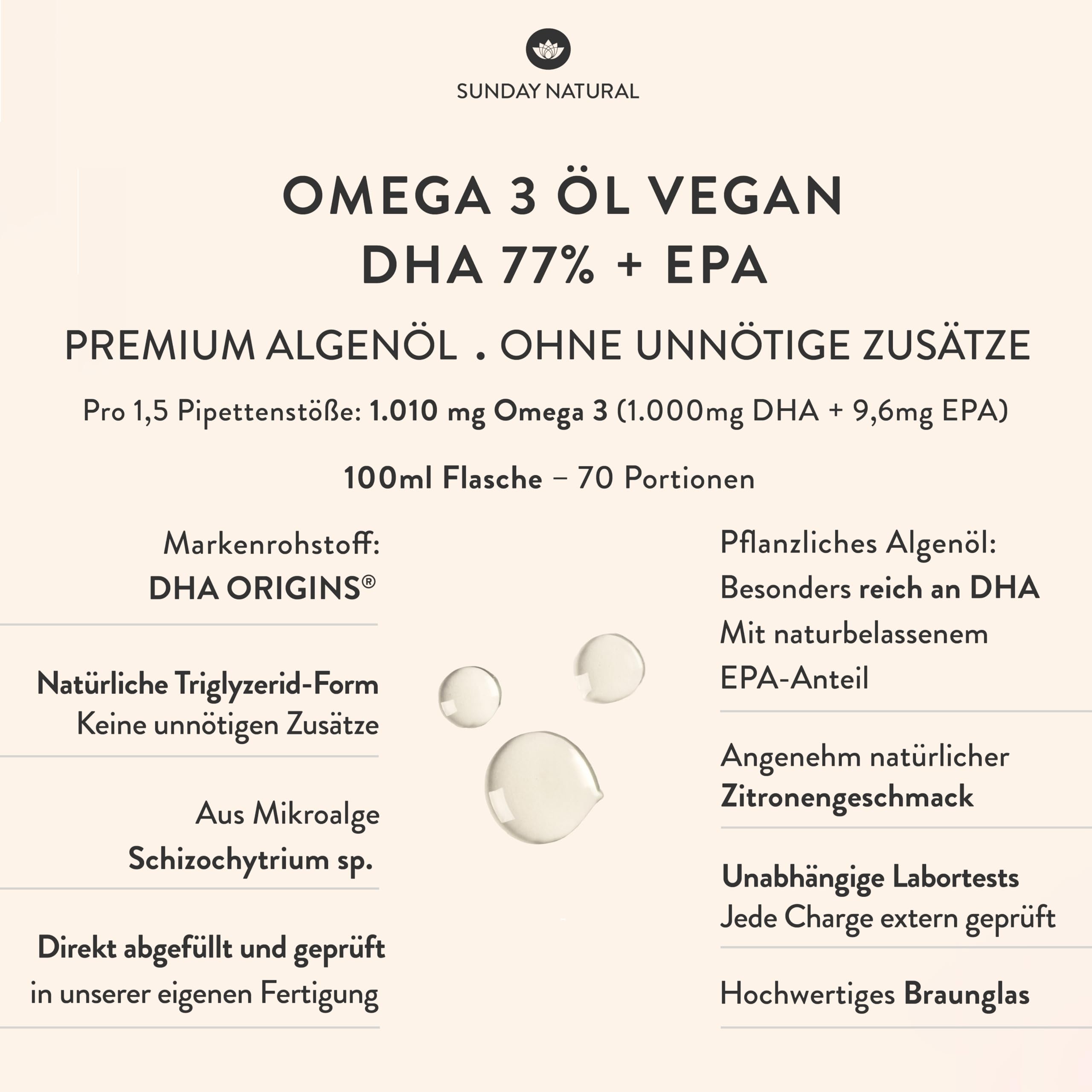 SUNDAY NATURAL® DHA Omega 3 Algenöl Vegan - Hochdosiert 1.000mg Omega 3 EPA DHA – 100ml – Natürlicher Zitronengeschmack – Triglycerid-Form – Laborgeprüft in Deutschland, ohne unnötige Zusätze