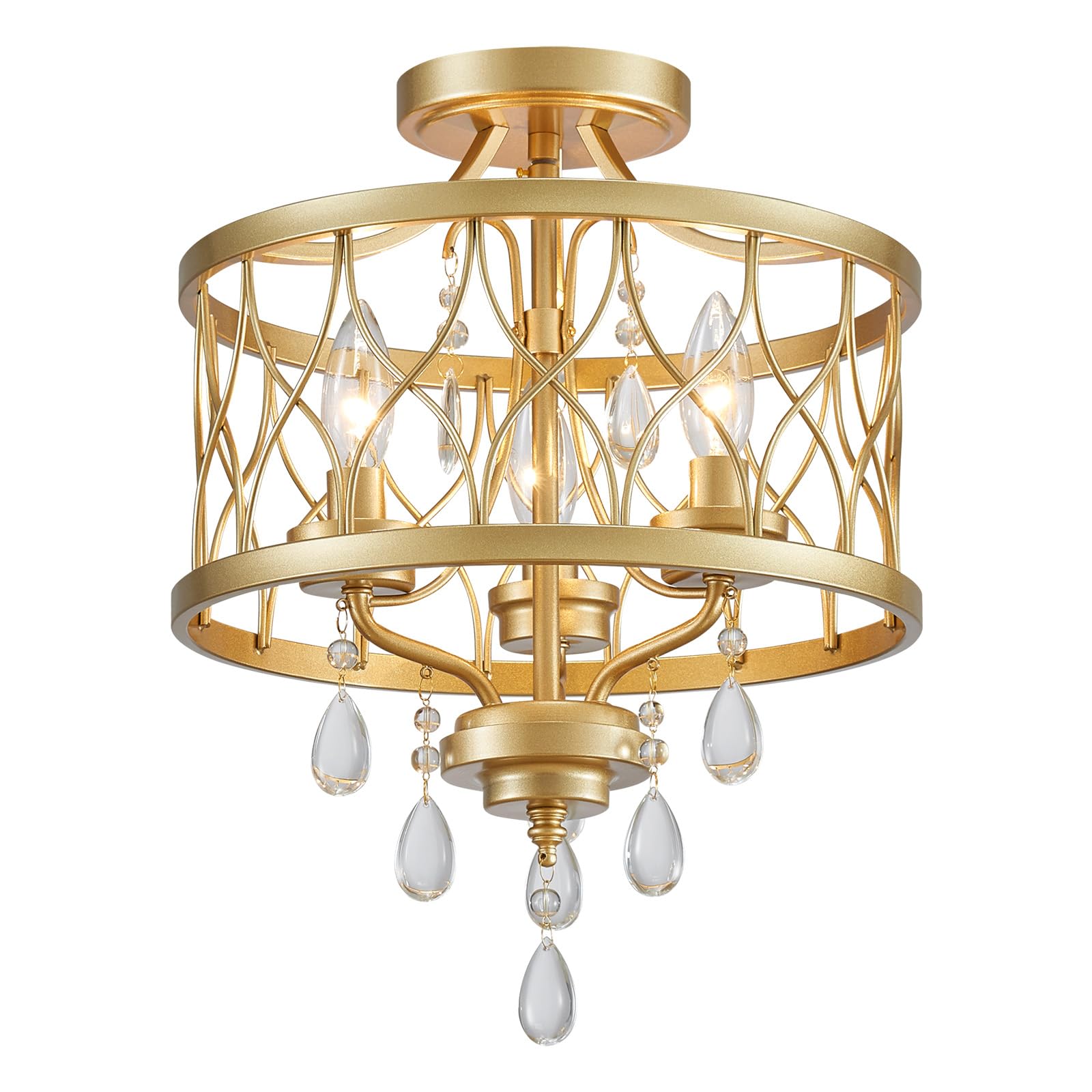 WUZUPS lustre 3-lumière vintage ferme industrielle semi-flush montage plafond luminaire éclairage moderne pour foyer chambre couloir chambre de stockage cuisine, H 40,6 x L 32,5, E14 Base, or