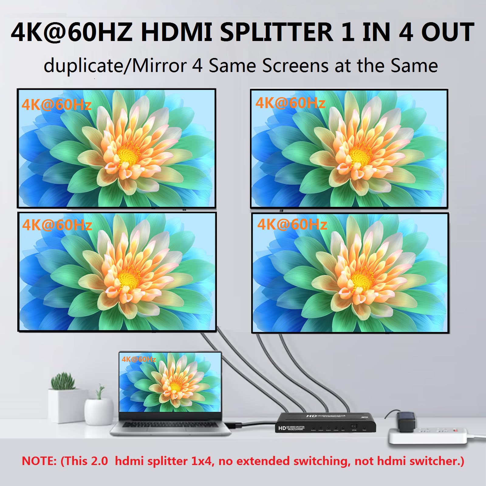 Splitter HDMI 4K a 60Hz 1x4 4:4:4,18 Gbps, splitter HDMI 2.0 alimentato a 4 porte, supporto 1 in 4 out, sincronizzazione 4K 1080P, HDR10, 3D, solo schermi duplicazioni/mirror (non estendibile) per
