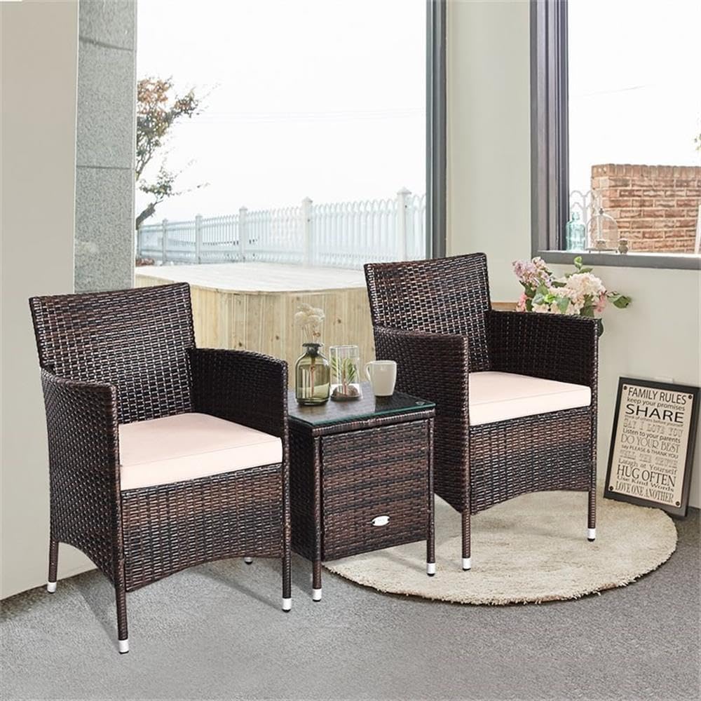 Pemberly Row 3-Piece PE Rattan Outdoor Wicker Furniture Set, Beige, Ergonomic Chairs with Cushions, Tempered Glass Coffee Table, Weather-Resistant Steel Frame, Compact Design for Patio, Garden,