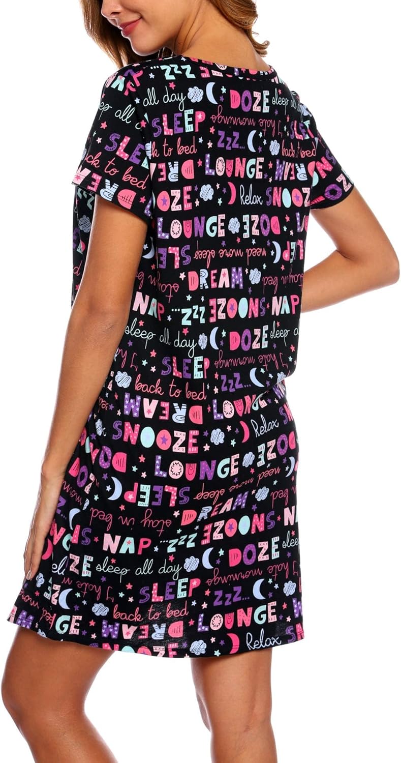 ENJOYNIGHT Womens Nightgowns Cotton Sleepwear Plus Size Sleep Shirt Short Sleeve Nightshirt Print Sleepshirt - Image 5