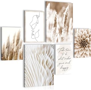 Novart Wandbilder Set Boho Pampasgras Beige - KEIN EXTRA RAHMEN BENÖTIGT - Modern Deko - Wohnzimmer Schlafzimmer N013363a