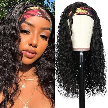 Synthetic Headband Wig for Black Women Natural Black Color Water Wave Glueless Hair None Lace Front Wigs Machine Made Synthetic Headband Wigs