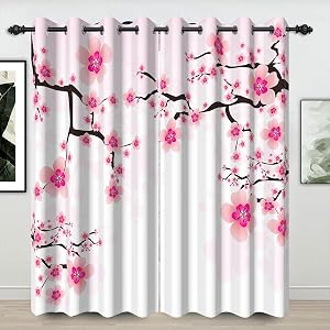 Cherry Floral Window Curtains Japanese Style Pink Blossom Flowers Blackout Curtain for Modern Bedroom 52x84 Inch Grommet Drapes Thermal Insulated Window Treatments 2 Panel
