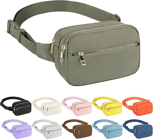 Riñonera cruzada para mujeres y hombres, bolsa de cinturón de regalo para mujeres con correa ajustable para deportes, Verde caqui con 3 cremalleras,
