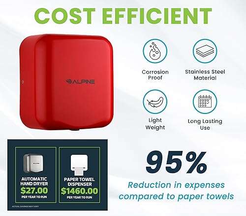 Miniatura 14 de Alpine Secadores de manos automáticos para baños, secador de manos eléctrico de acero inoxidable comercial de alta velocidad de 110-120V, opciones