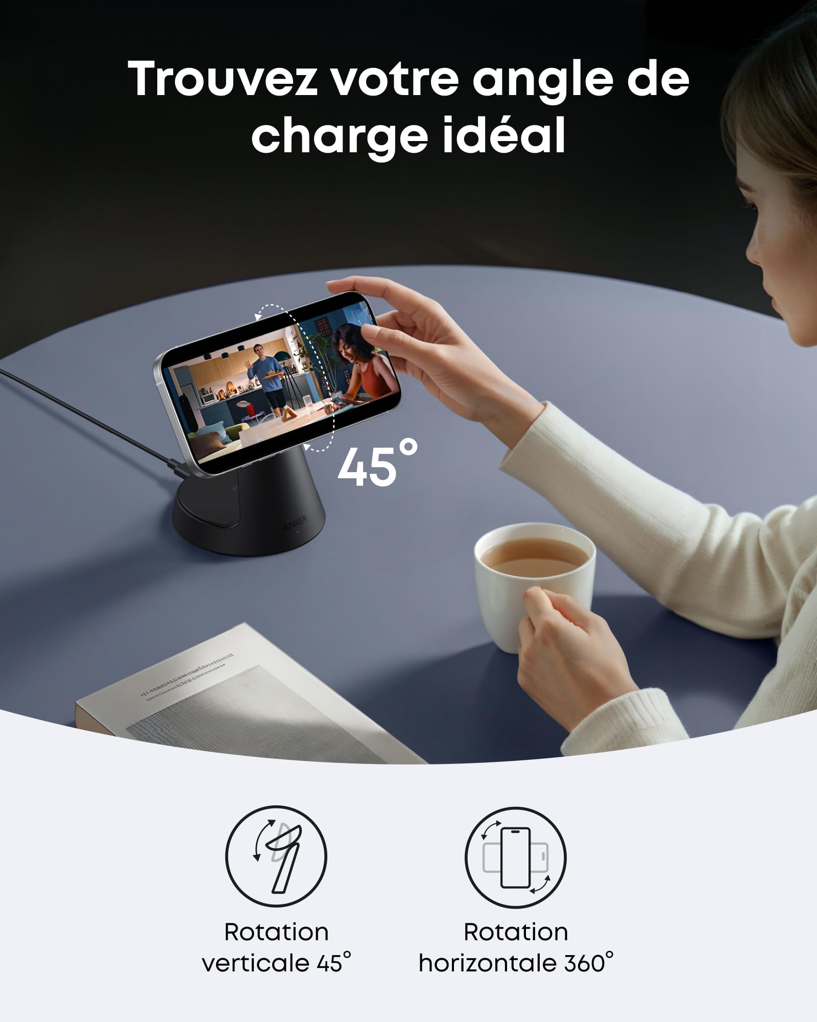 Anker MagGo Chargeur à Induction pour iPhone, 3 en 1, 15W (Socle) | Chargeur sans Fil Certifié Qi2 MagSafe, pour iPhone 17/16/15/14, Apple Watch, AirPods Pro, et plus (avec Adaptateur)