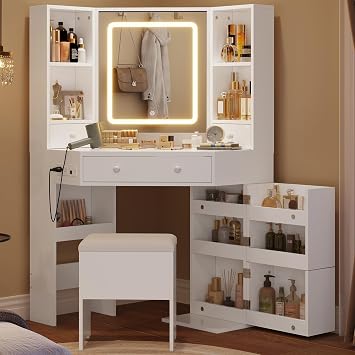 HAUOMS Corner Vanity Desk with LED Lighted Mirror, Storage Bench, White | Rotating Cabinet with 6 Shelves, 2 Drawers & Power Outlet, 3 Light Settings, for Women Girls Space Saving