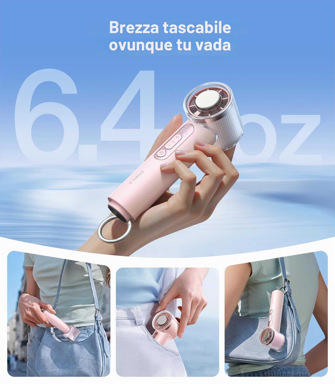 TORRAS Coolify iva Ventilatore portatile con refrigeratore per ghiaccio, ventilatore personale ricaricabile da 5000 mAh, velocità regolabile da 0 a 100, super mini ma potente, ventilatore portatile