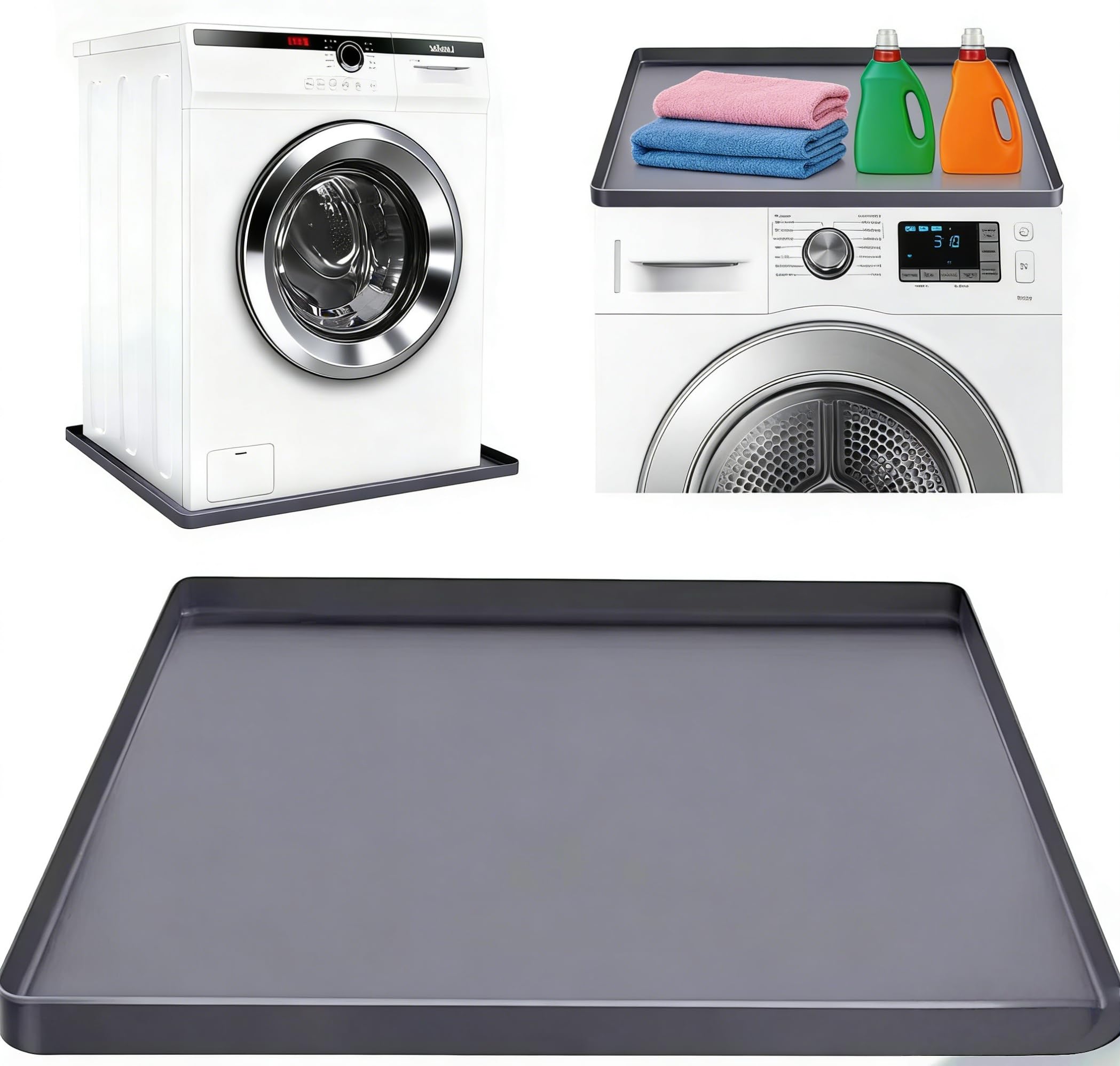 Silikonmatte für Waschmaschine, 68,6 x 68,6 cm, mit erhöhten Kanten, waschbare Oberseite, rutschfester Boden-Leckschutz, flexible weiche Pads für Waschküche und Küche (grau)