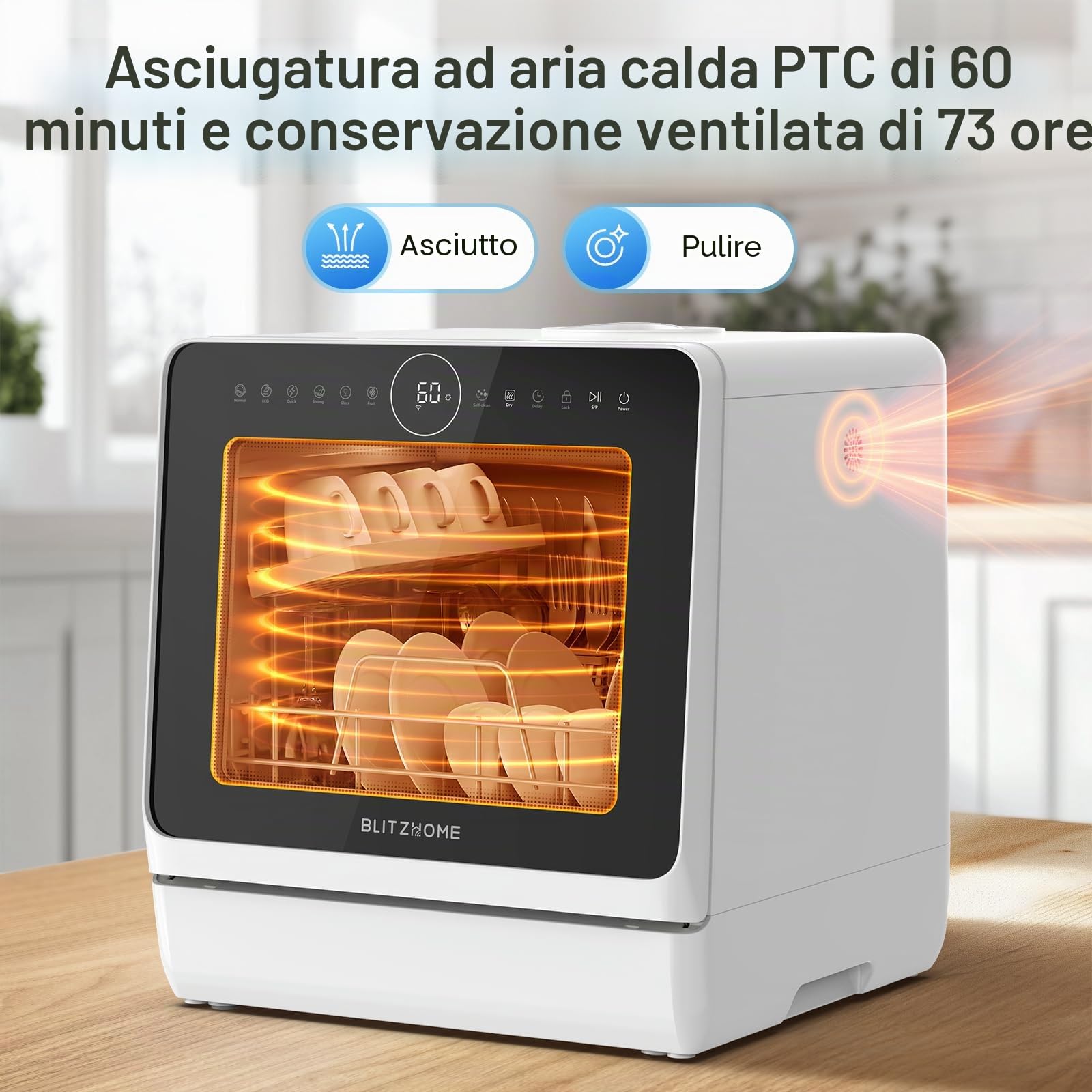 Mini lavastoviglie BLITZHOME controllo smart app, 8 programmi, lavastoviglie da tavolo portatile, serbatoio dell'acqua da 5 l, utilizzabile con/senza collegamento acqua, asciutto, prenotazione