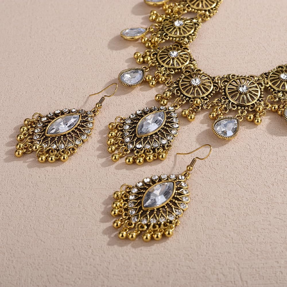 Vintage Indian Rhinestone Dangle Necklace Earrings Set Indian Ethnic Rhinestone Necklaces Boho Rhinestones Dangle Earrings Wedding Party Prom Choker Earrings Set for Women(3pcs image 4