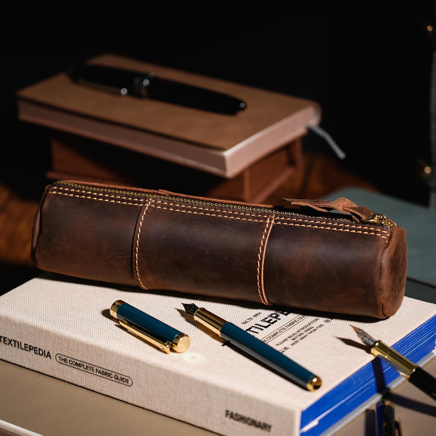 ECHSRT Genuine Leather Pencil Case, Full-Grain Cowhide Leather Pouch, Small Pencil Pouch for Men, Vintage Pen Bag for Adults, Stationery Organizer Case for Work & Travel-Cylinder-Coffee