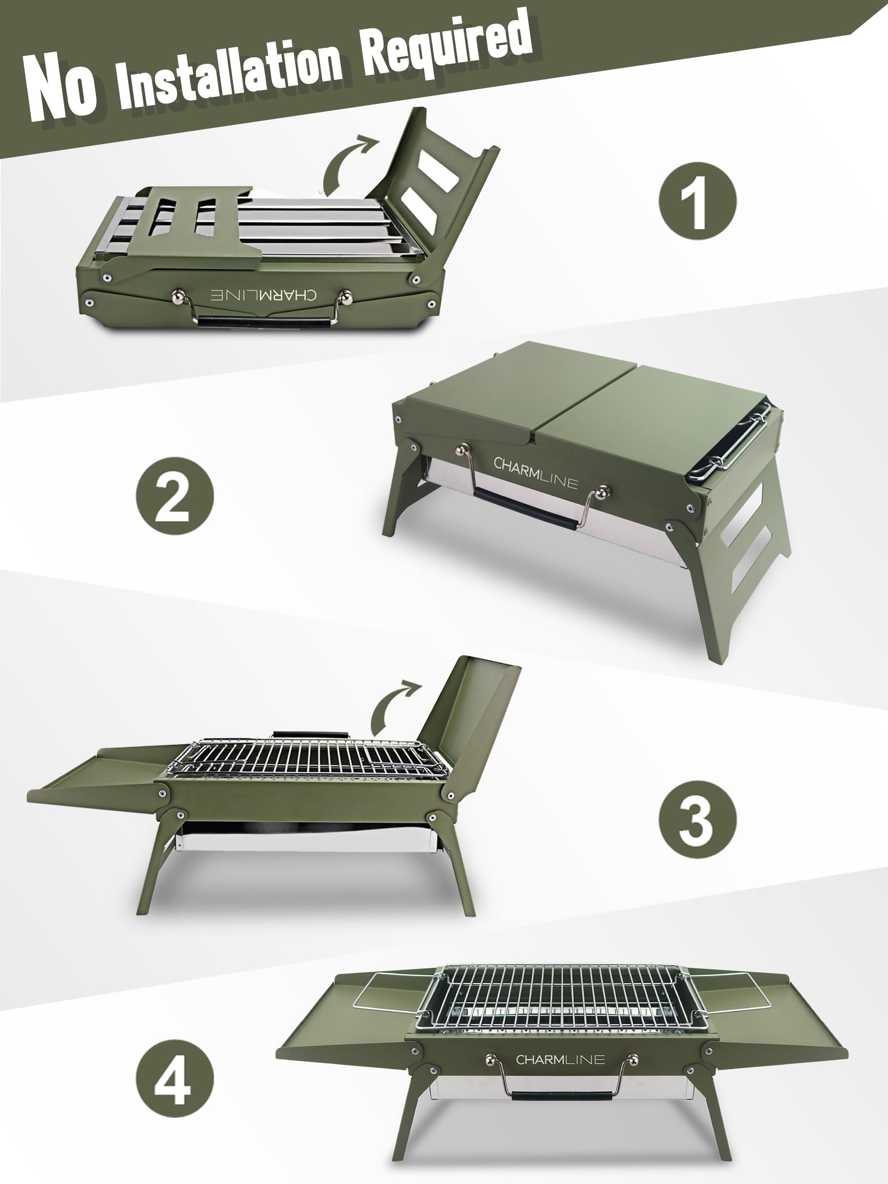 Charmline 34 x 23 cm Portable Charcoal BBQ Grill, Foldable Compact Camping Barbecue for 1-3 People, Ideal for Garden Beach - Image 2