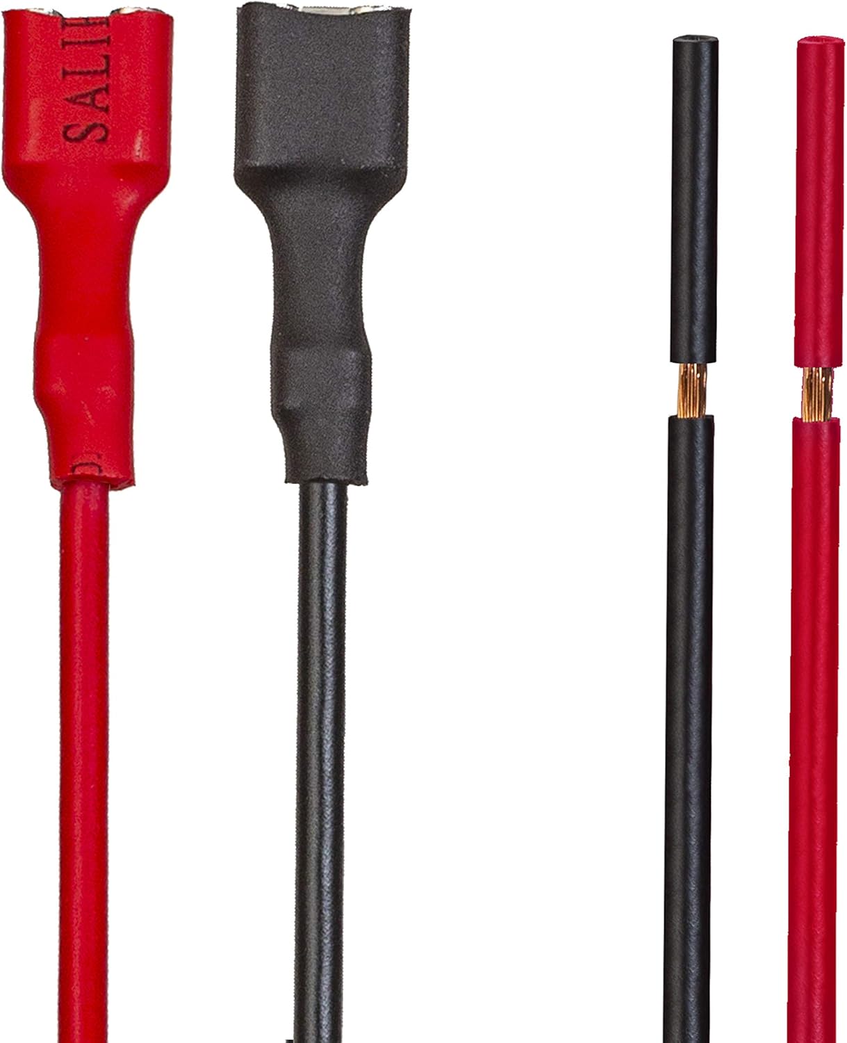 Close-up of red and black F2 spade terminals