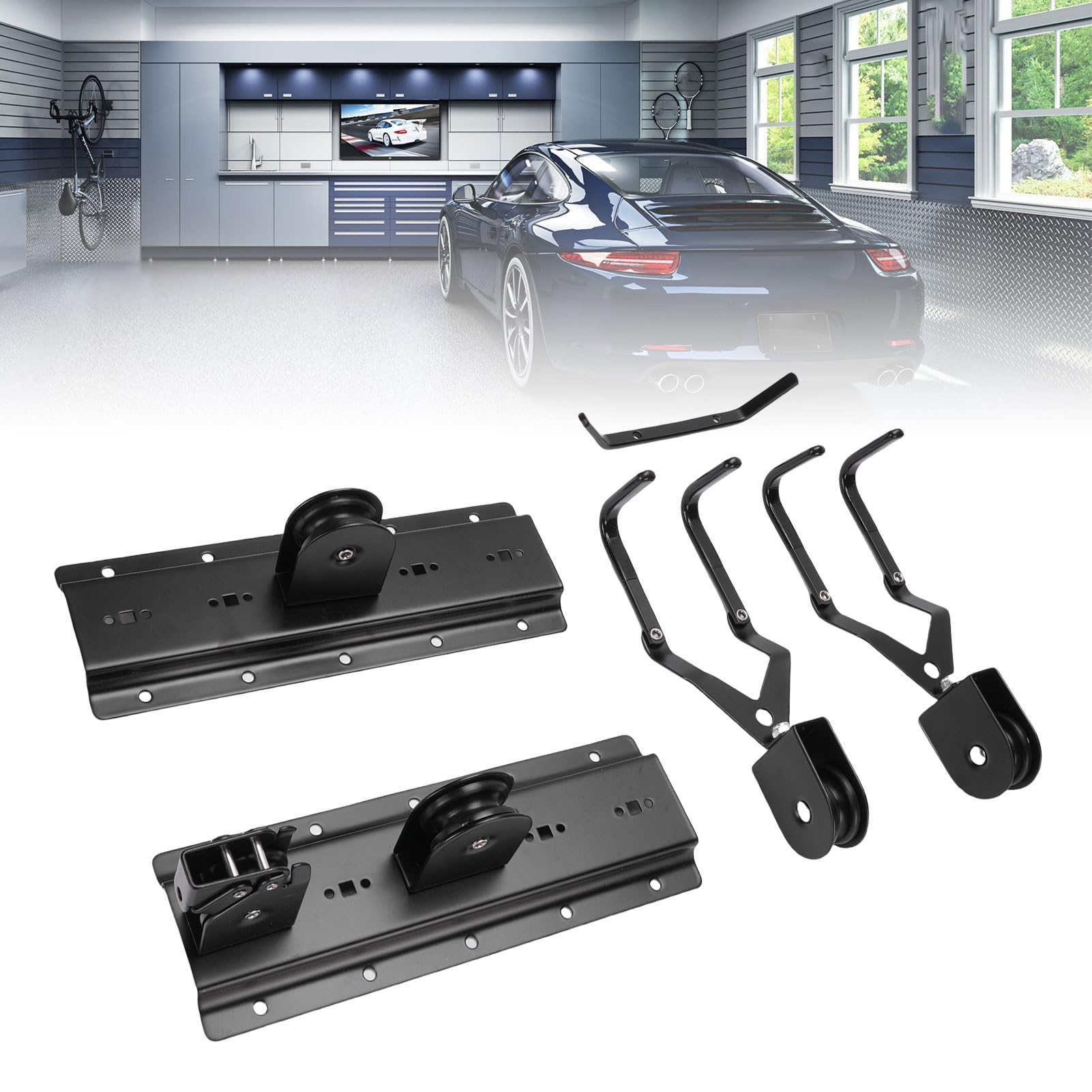 Fockety Système de levage à poulie pour garage, palan de rangement au plafond robuste, 3,7 m de haut, 68 kg, système de poulie à câble grande capacité pour caisse de chargement