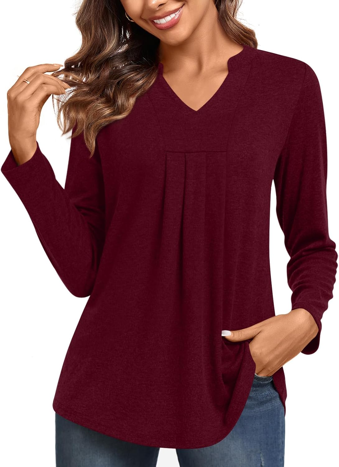 Anyhold Women’s Tunic Tops Long Sleeve Shirts Casual V Neck Tops for Leggings
