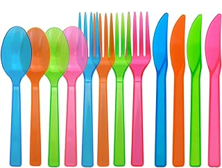 Party Essentials Hard Plastic Cutlery Combo Pack, 144 Pieces/48 Place Settings, Assorted Neon Brights