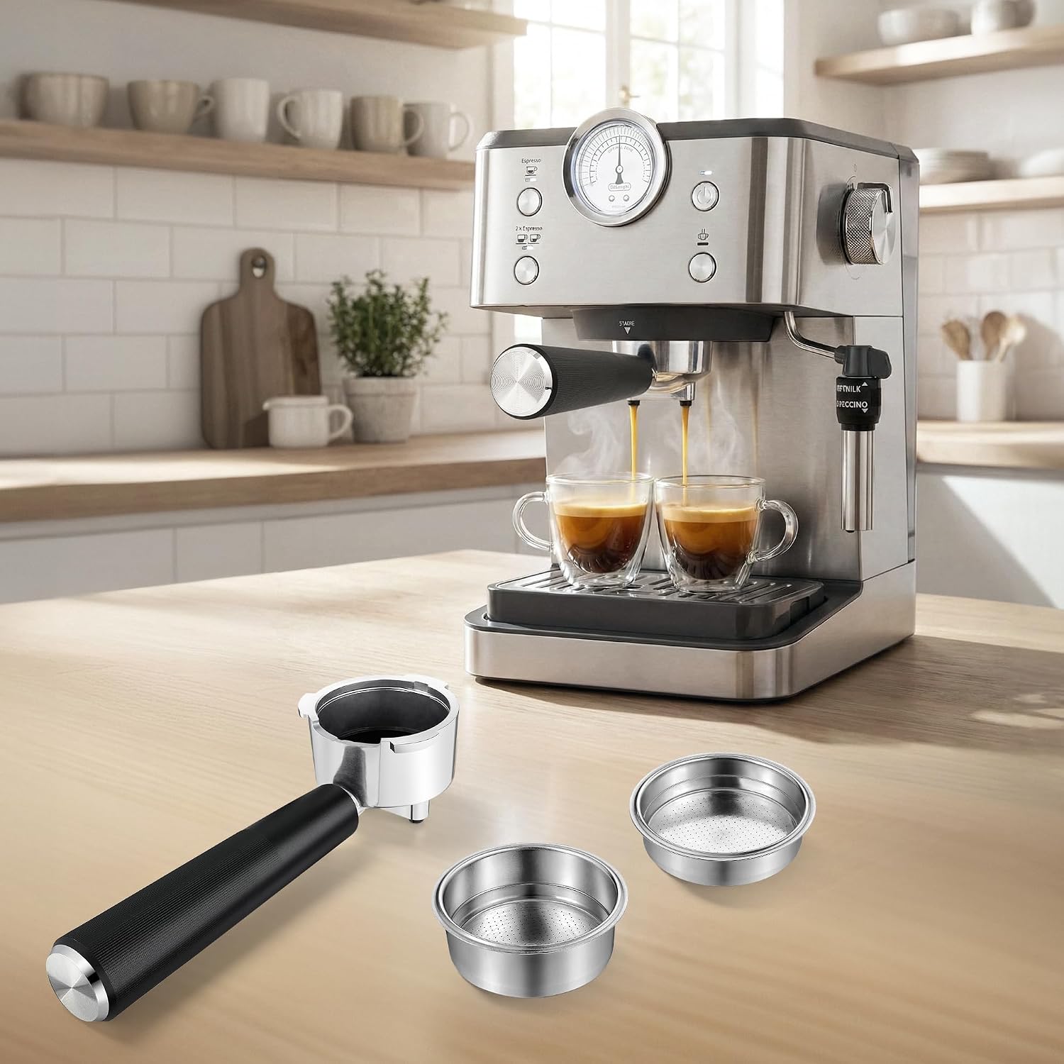51mm Portafilter Set for only De’Longhi EM450M Classic Espresso Machine, 3 Ears Portafilter with 2 Pressurized Stainless Steel Filter Baskets (1-Cup Filter and 2-Cups Filter)