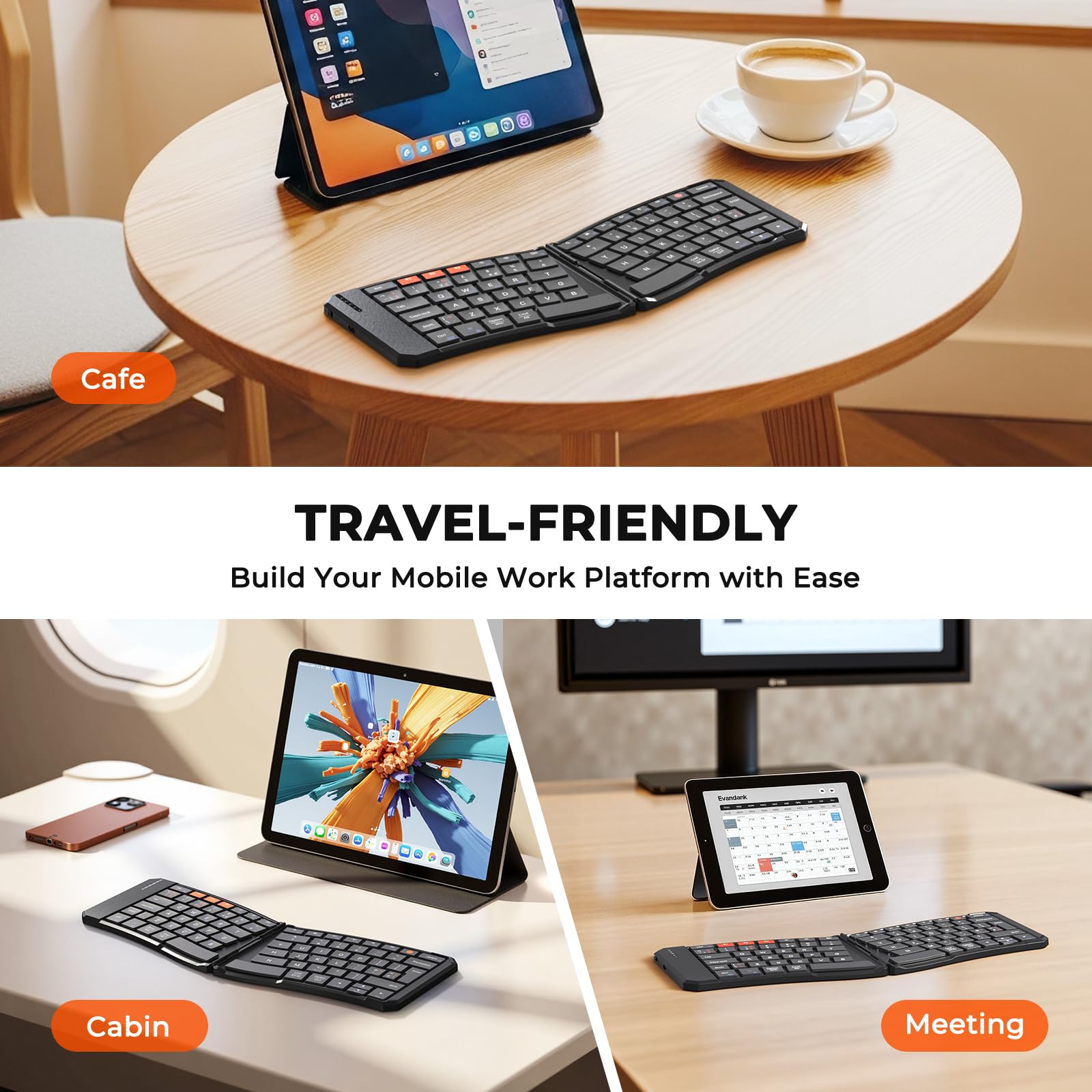MEETION Tastiera Bluetooth pieghevole ergonomica, compatta, portatile, senza fili, per viaggi d'affari, ricaricabile, per PC, smartphone, iOS, Android, Windows, Mac, colore nero