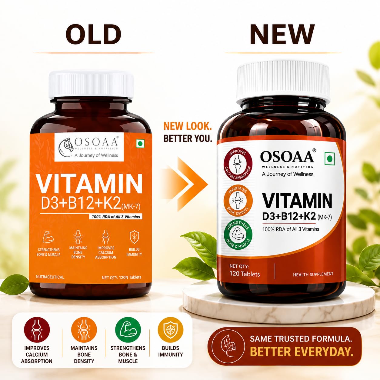 OSOAA Vitamin D3 K2 MK7 Supplement - 120 Tablets | Vitamin D3 (600 IU) | Promotes Calcium Absorption, Bone Health, Muscle Strength & Immunity | Plant Based Vitamin D3- Lichen Source
