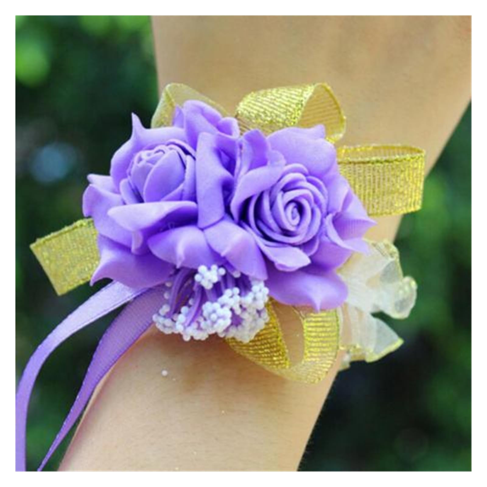 TXLEAPEY Foam Rose Flowers Bridal Bridesmaid Wrist Corsage Wedding Party Ribbon Bracelet(PURPLE)