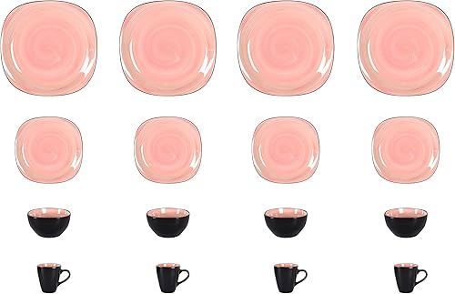 Miniatura 5 de Juego de vajilla de cerámica de 16 piezas en forma cuadrada, interior con remolino rosa de Spinwash + exterior negro