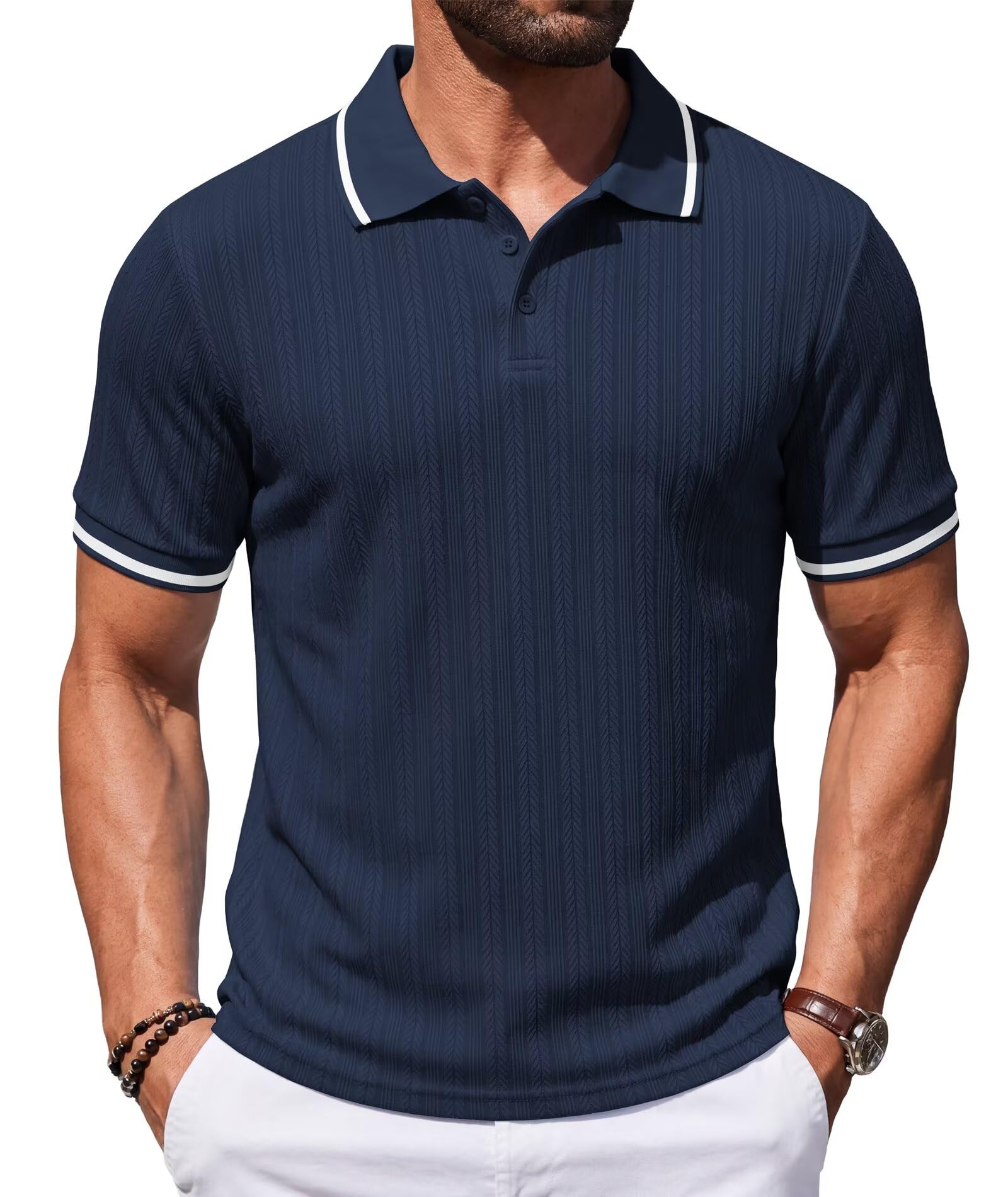 Elainone Poloshirts Herren Kurzarm Freizeit Strick Golf Shirt Sommer Vintage Klassisches Polohemd mit Kontrastkragen