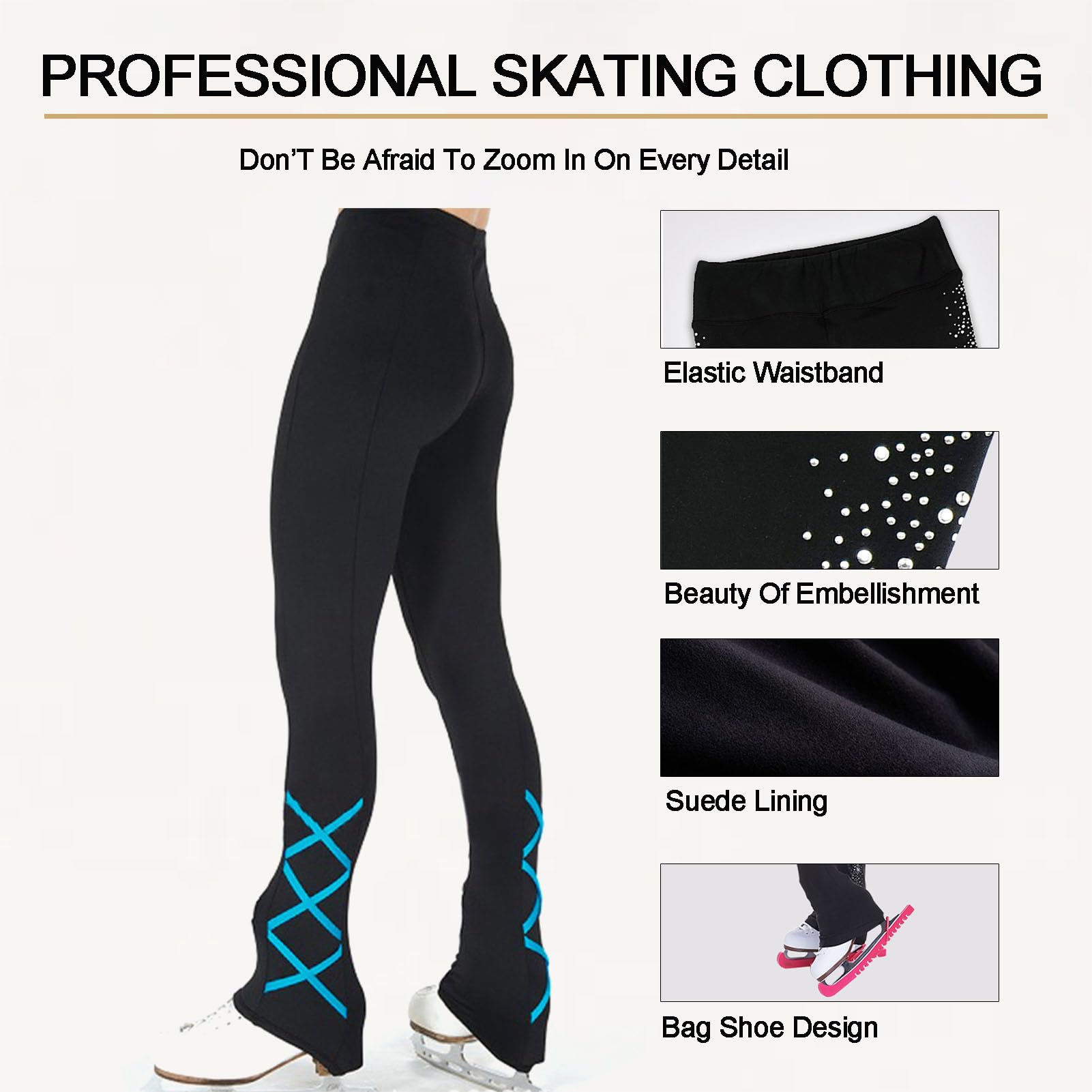 Spodnie do jazdy figurowej, legginsy do jazdy na łyżwach z wysokim stanem i strasami, spodnie treningowe, dziewczęce, damskie, polarowe, ciepłe spodnie do jazdy na łyżwach (niebieskie L)