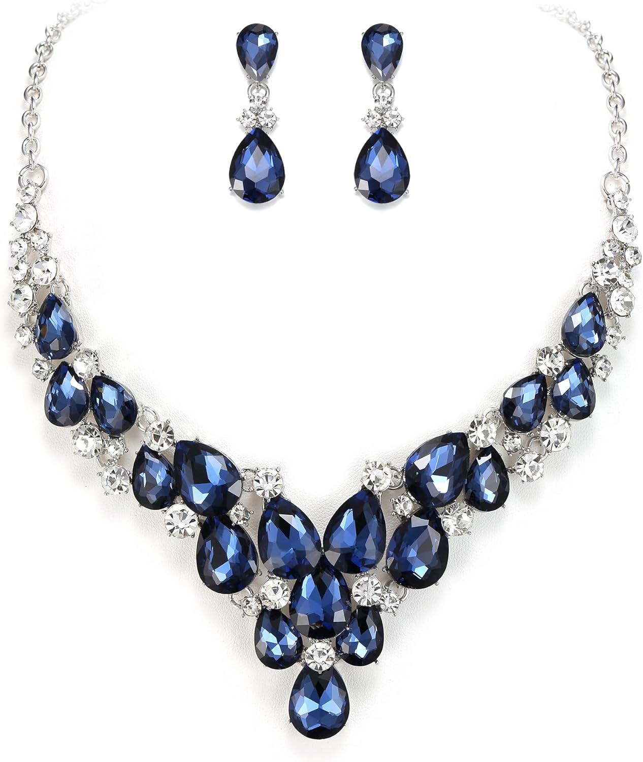 BriLove Statement Wedding Jewelery Set Shiny Gorgeous Crystal Teardrop Cluster Necklace Earrings for Women's Bridal Party Prom Accessories